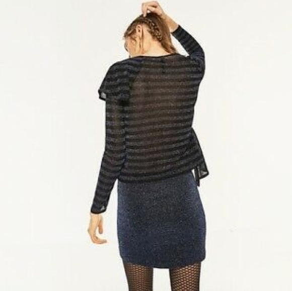 Zara Frill Metallic V-neck Stripe Sheer Blouse M - Picture 6 of 8